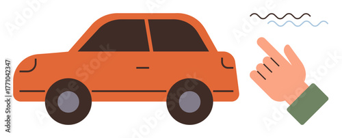 Hand pointing toward an orange car with signal waves indicating remote control or automation. Ideal for technology, innovation, autonomy, smart devices, convenience, modern lifestyle, simple flat