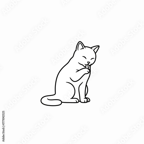 Cute Cat Grooming Paw Line Art. Simple Black and White Vector Illustration of a Clean Feline Pet, Kitten, or Relaxation.