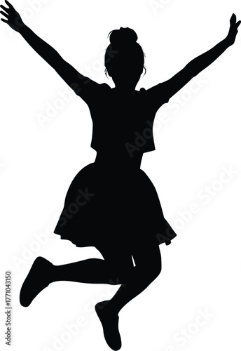 Silhouette of a joyful girl jumping in the air with arms raised high celebrating success and freedom vector