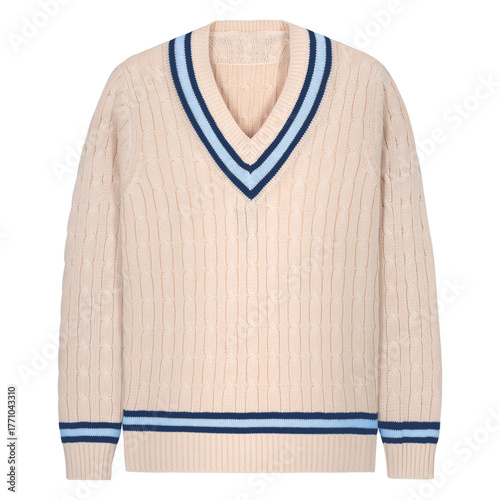 Classic cream cable-knit cricket sweater with blue and navy striped V-neck and cuffs, isolated on white background. Ideal for fashion, e-commerce, and clothing design projects
