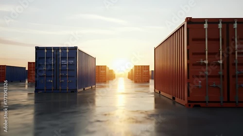 Shipping Containers in a Port Under a Golden Sunset with Gray Concrete