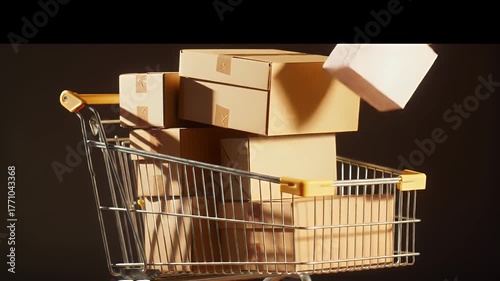 Shopping Cart Full of Cardboard Boxes on Dark Background