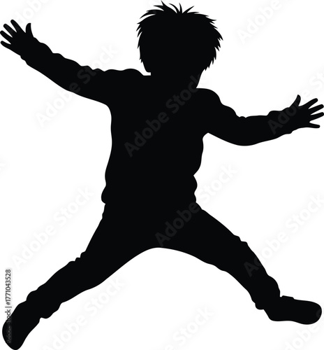 Joyful child silhouette jumping high outdoors active fun childhood freedom celebration energy motion vector