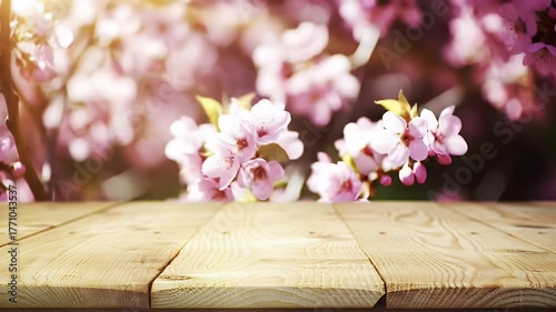 Wooden Table Display with Pink Blossom Branch in Soft Sunlight
