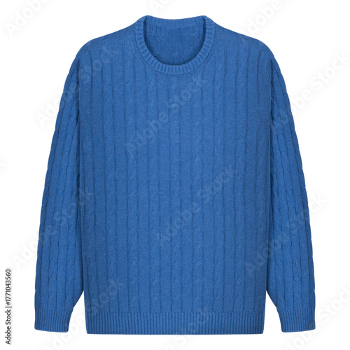 Classic blue cable-knit crew neck sweater with ribbed cuffs and hem, isolated on white background. Ideal for fashion, apparel design, retail, and e-commerce product visuals