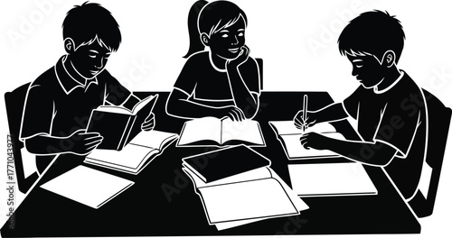 Diverse students collaborating on schoolwork and projects together at desks learning vector