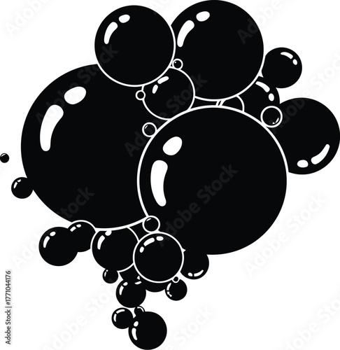 Abstract black spheres bubbles cluster organic fluid droplets glossy surface macro photography vector