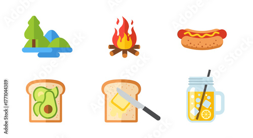 Enjoy a delightful picnic with a campfire, hot dog, avocado toast, buttered toast, and refreshing iced drink