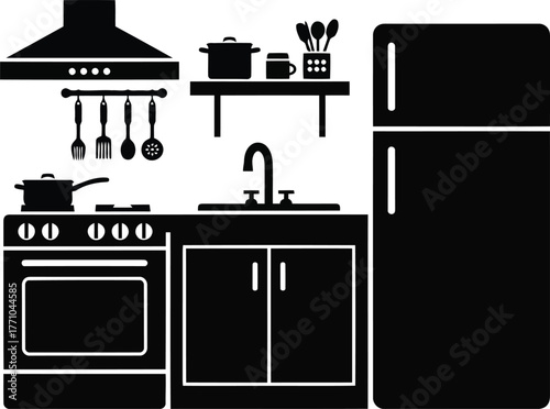 Modern kitchen silhouette with appliances for culinary design home decor and cooking concepts vector