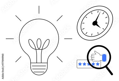 Lightbulb radiating ideas, analog clock, magnifying glass over star rating with thumbs-up. Ideal for innovation, time management, evaluation, efficiency, progress, quality and feedback concepts