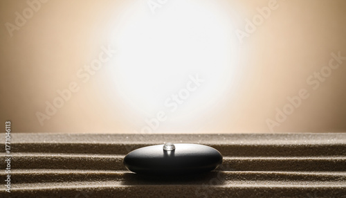 A single smooth basalt stone and a tiny water droplet resting on matte sand, warm beige background fading to near-white; elements centered low, 75% negative space above. Soft lateral key light, minima