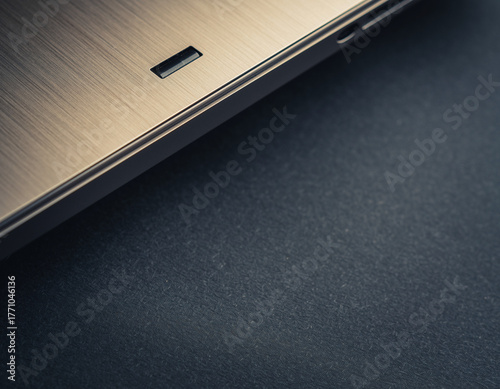 Close-up corner of a brushed-aluminum laptop lid showing chamfered edge and logo emboss, placed top-left on a soft charcoal surface; vast, softly blurred negative space below and to the right. Control