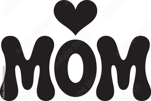 Heart symbol above 'mom' text in a funky dripping font typography design isolated on transparent background
