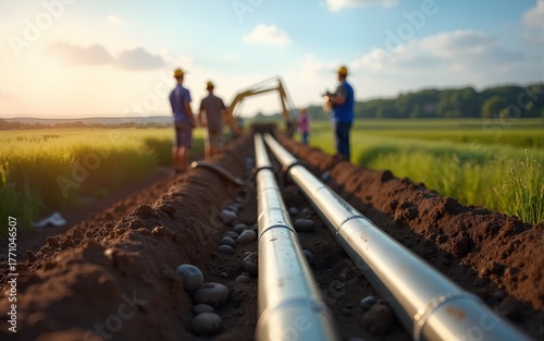 High-detail photo of a gas pipeline construction crew laying new pipes in a field. High quality
