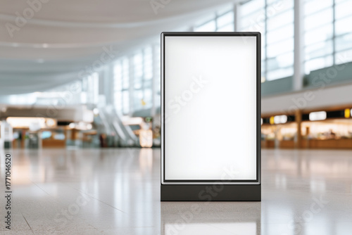 Freestanding illuminated billboard mockup inside a wide, modern airport terminal with high ceilings and blurred background shops or check-in area