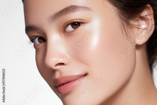 Close-up of a smiling Asian woman with flawless, radiant skin and a luminous glow