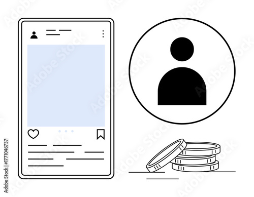 Mobile screen with user profile, text, and icons alongside avatar circle and coin stack. Ideal for digital profiles, social media, networking, user content, income, community and digital branding