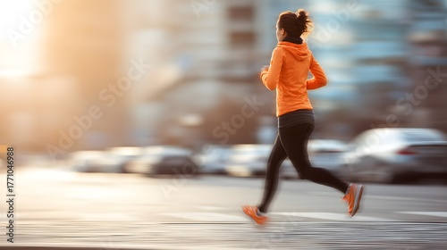 Fit woman in bright outerwear runs energetically across a city street during bright sunshine