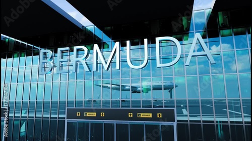 Airlane landing at Bermuda. Arrival in the city with reflection of airport and aircraft
