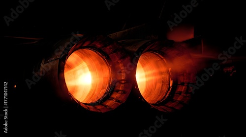 Quadro su tela Twin afterburners illuminate the dark with intense orange flame discharge