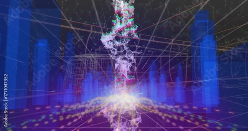 Core glow intensifying pushing particle column twisting pulsing glitching amid amber lights in grid