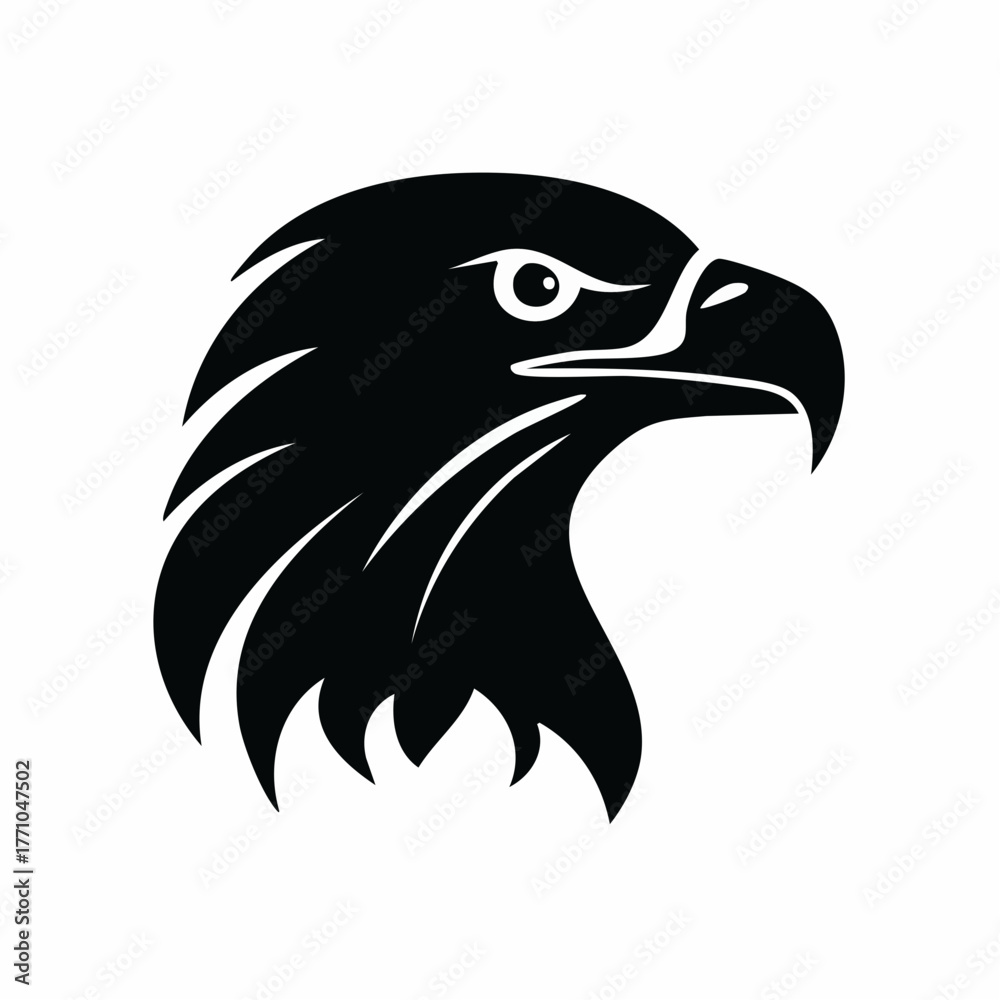 Fototapeta premium Single black vector silhouette of an eagle head in profile, sharp beak and feather details, clean white background, editable for logo or icon design