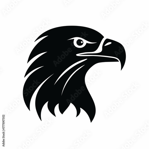 Single black vector silhouette of an eagle head in profile, sharp beak and feather details, clean white background, editable for logo or icon design