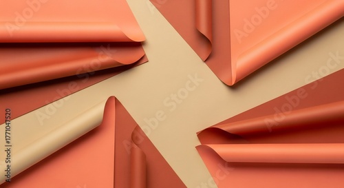 Abstract geometric composition of curled coral paper scrolls on a neutral beige background, creating a dynamic textured pattern