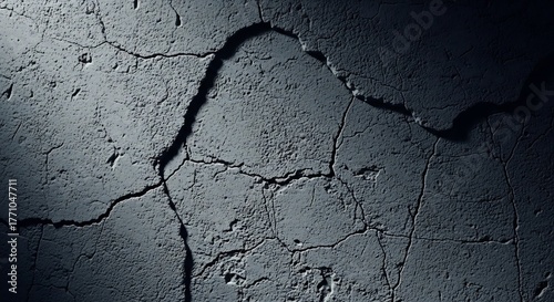 Dramatic close-up of a cracked dark concrete wall with deep fissures, creating an abstract grunge texture background