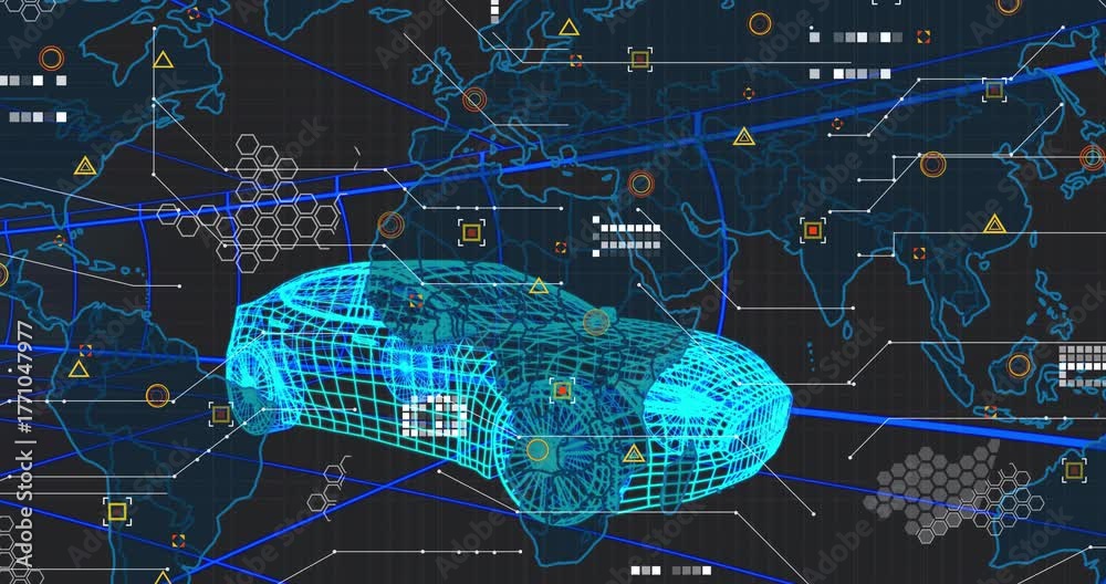 On start wireframe car moving while world map grid shifting data overlays fading for monitoring