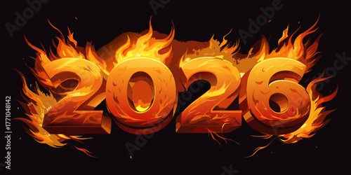 "2026 fiery text made of glowing flames and sparks, dramatic fire typography effect, hot burning style on dark background, suitable for energetic poster or digital artwork"