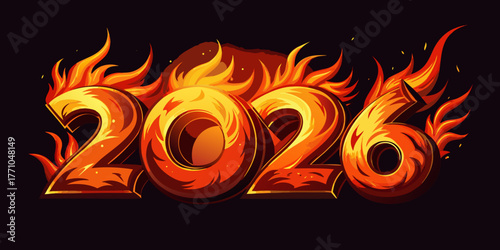 "2026 fiery text made of glowing flames and sparks, dramatic fire typography effect, hot burning style on dark background, suitable for energetic poster or digital artwork"