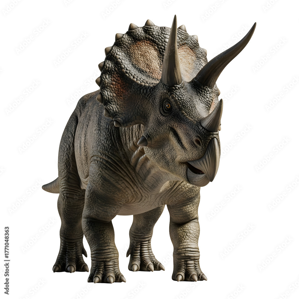 Fototapeta premium A realistic depiction of a triceratops, a prehistoric creature, with its distinctive horns and frill isolated on transparent background
