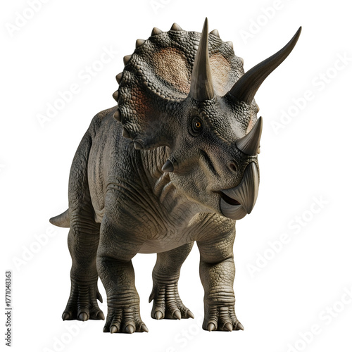 A realistic depiction of a triceratops, a prehistoric creature, with its distinctive horns and frill isolated on transparent background	
