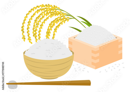 茶碗に盛られた白米と垂れた稲穂と升に入った米のイメージイラスト
