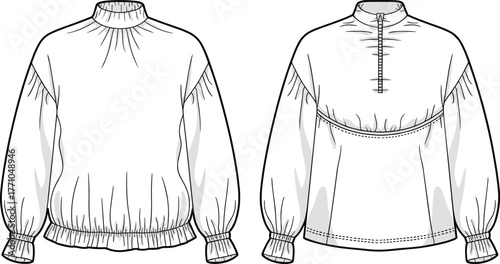 Technical fashion illustration, blouse design, gathered neckline, voluminous sleeves, dropped shoulder, garment sketch, sewing pattern, apparel flat, textile concept, fashion drawing