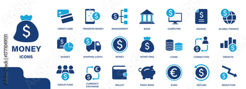 Solid vector icons set on money and finance theme. Includes symbols for credit cards, transfer, bank, invoice, budget, coins, wallet, refund, and growth.