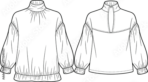 Women's blouse fashion illustration, technical sketch, front and back view, gathered neckline, voluminous sleeves, yoke detail, garment design drawing