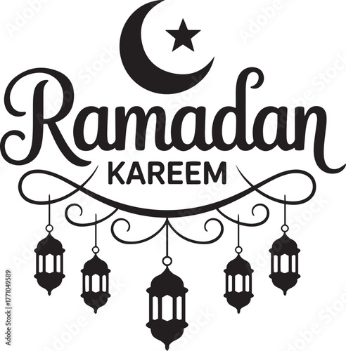 Ramadan kareem islamic greeting with crescent moon star and ornate lanterns isolated on transparent background