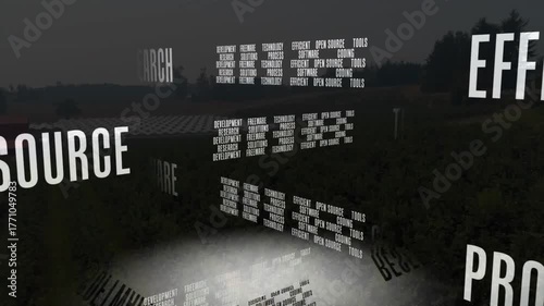 At start camera orbiting text cluster, showing open source via rotating panels under dusk spotlight