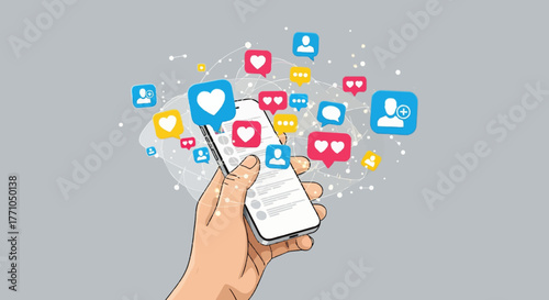 Vector illustration of a hand holding a smartphone with floating social media icons
