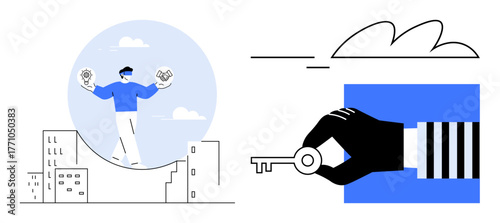 Person balances gears on curved platform in cityscape, symbolizing multitasking and innovation. Adjacent is a hand holding a key, highlighting access and solutions. Ideal for success, teamwork