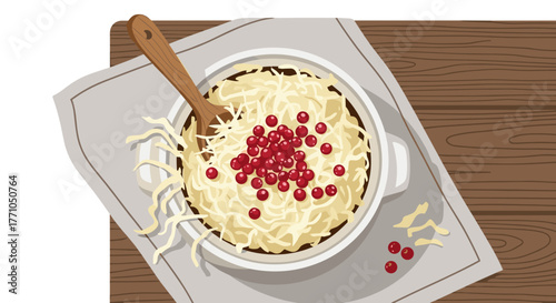 Crock of sauerkraut with berries on towel for healthy food blog and fermented product branding design