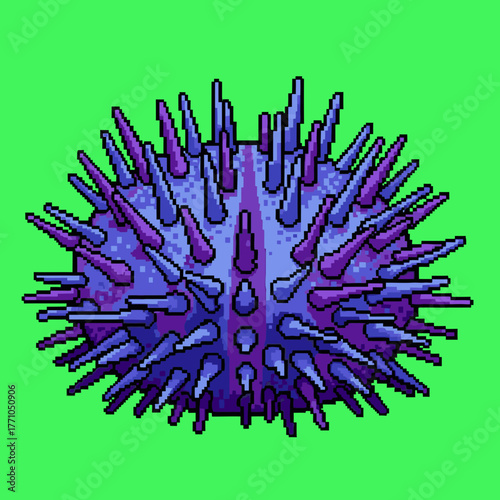 A vibrant pixel art illustration of a spiky purple sea urchin against a solid green background.