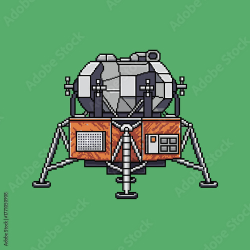 A retro 8-bit pixel art design of a space exploration lunar module on a solid green background.