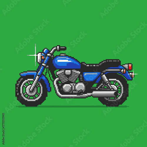 A blue cruiser motorcycle rendered in a detailed pixel art style against a solid green background.