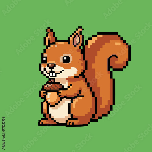 A cute pixel art illustration of a brown squirrel holding an acorn against a solid green background.