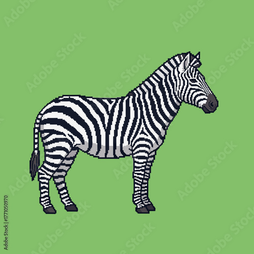 A pixel art illustration of a zebra standing in profile against a solid green background.