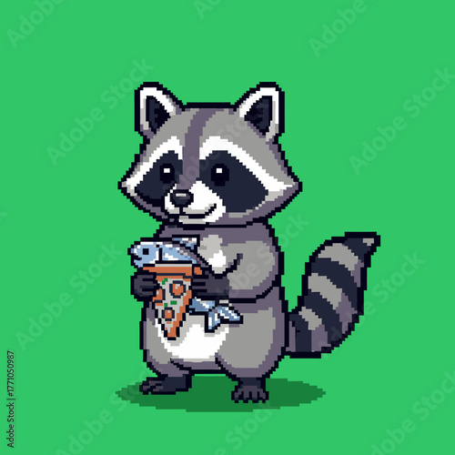 A cute pixel art raccoon character standing and holding a slice of pizza topped with fish against a solid green background.