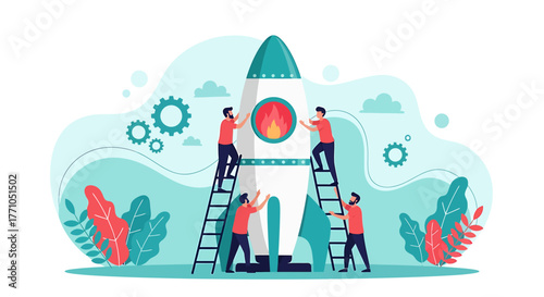 Team Assembling a Rocket with Flames, Representing Launch and Success.